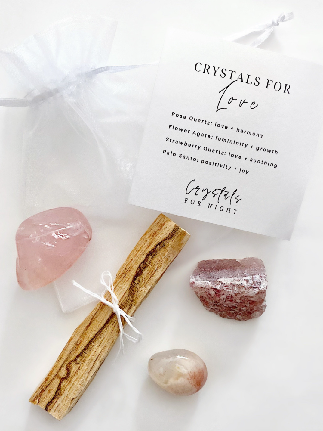love kit with rose quartz, flower agate, palo santo and strawberry quartz