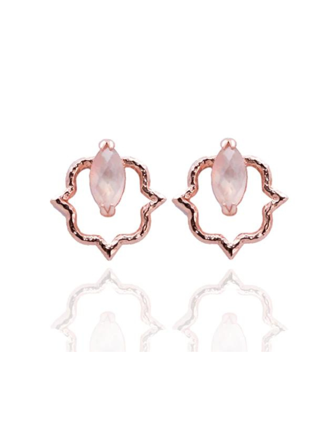 The perfect combination, rose gold and pink, we showcase Rose Quartz in these gorgeous studs inspired by Indian tiles. These stunning semi precious stone stud earrings will be sure to turn heads and leave you feeling beautiful. Shop now.