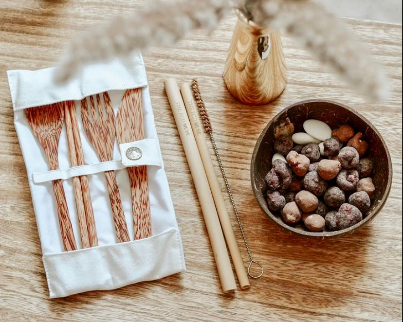 eco foodie essential set with coconut bowl, cutlery reusable, and plastic-free straw