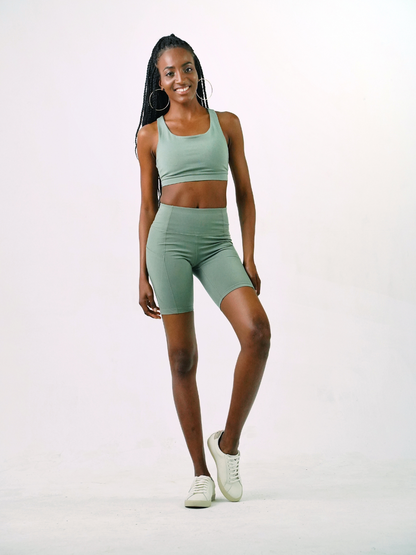 green biker shorts eco-friendly activewear made from recycled plastic bottles