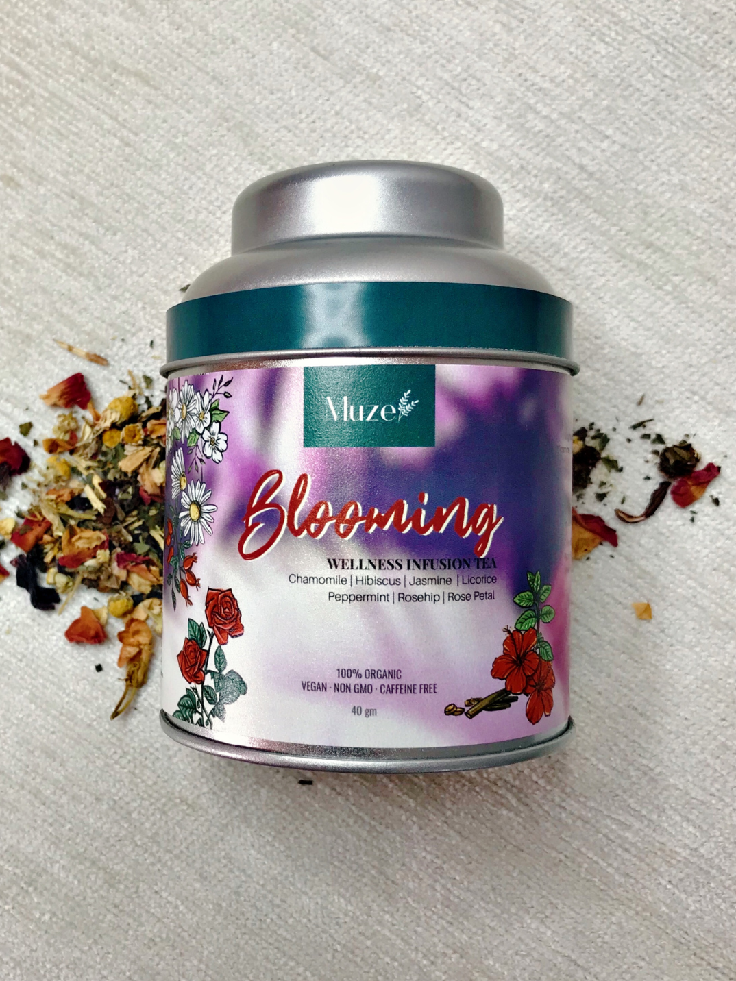 Ayurveda Blooming Herbal Tea wellness infusion tea with chamomile hibiscus jasmine peppermint and rose