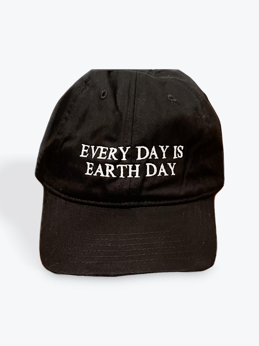 black baseball cap 100% organic cotton made in USA every day is earth day sustainable eco-friendly organic cotton