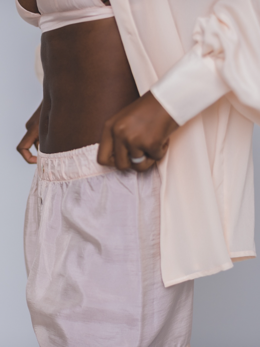 light pink silk boxer shorts sustainable fashion shop eco-friendly women's clothing