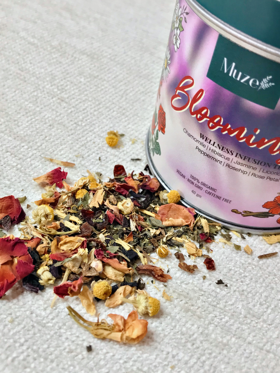 Ayurveda Blooming Herbal Tea wellness infusion tea with chamomile hibiscus jasmine peppermint and rose vegan caffeine-free