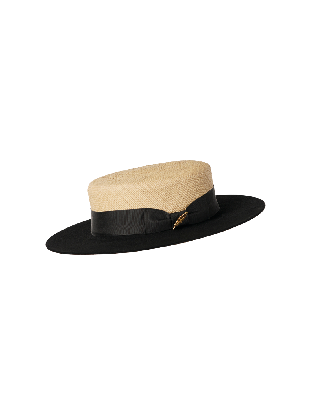 natural straw & felt hat Cordoban hat in walnut-colored iraca palm straw in the crown with black faya ribbon around it, the brim is in black felt 