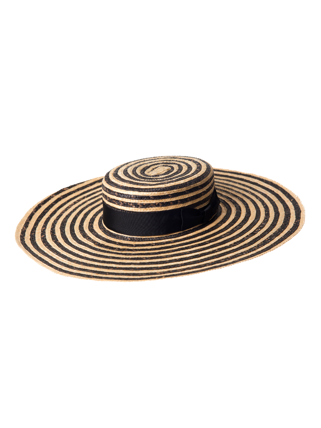 stripe beige and black straw hat with felt ribbon Lina Osorio Colombian ethically-made hat