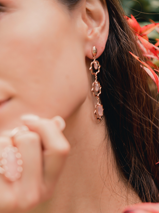 A luxurious pair of earrings showcasing the stunning semi precious stone Rose Quartz. A delicate pink that pairs so well with Rose Gold these earrings will leave you feeling brilliant from the inside out.