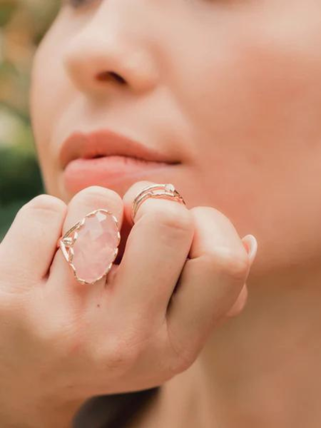 Our India Affair Rose Quartz Ring will add that feminine and stylish look to your outfit.  Details: A dusty pink semi precious stone that will not only make you feel beautiful on the outside, but on the inside too!