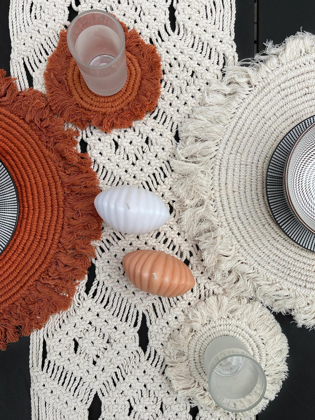 handcrafted macrame coasters made in India shop sustainable tableware natural bohemian eco-friendly home goods