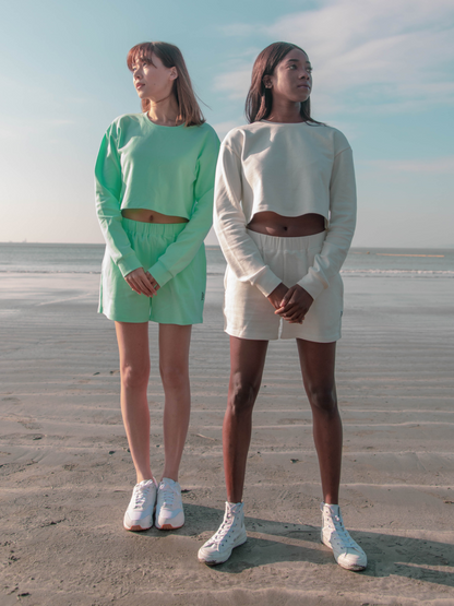 durable comfortable sweatshorts biologically-defensive sustainable fashion white shorts