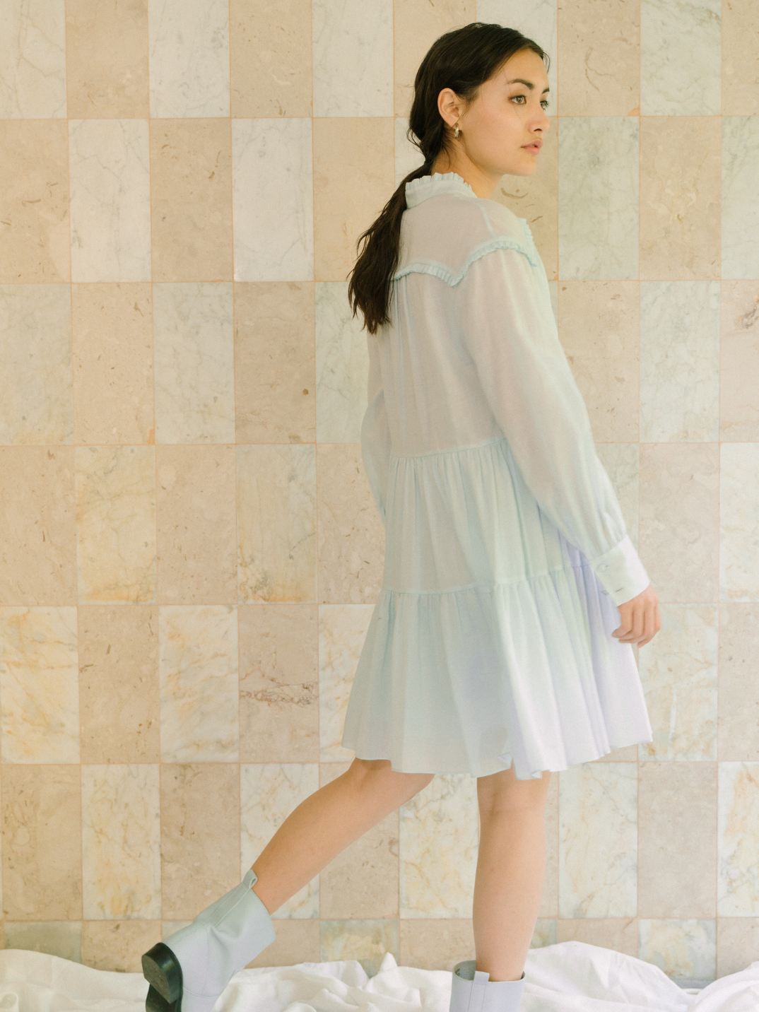 Sophia dress in Maya Blue upcycled from deadstock fabric sustainable fashion brand Hong Kong light blue flowy summer/spring dress
