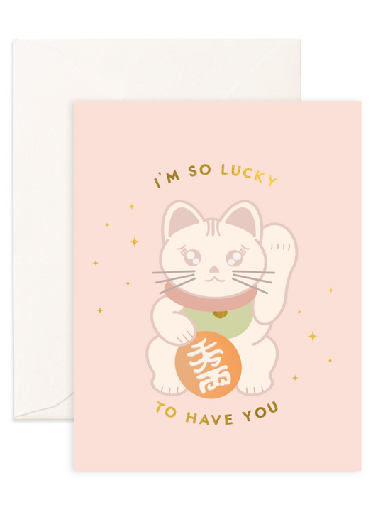 Eco-friendly greeting card printed on recycled paper cute food-inspired design shop sustainable ethical brands women-owned brands kind on the planet lucky to have you Chinese cat