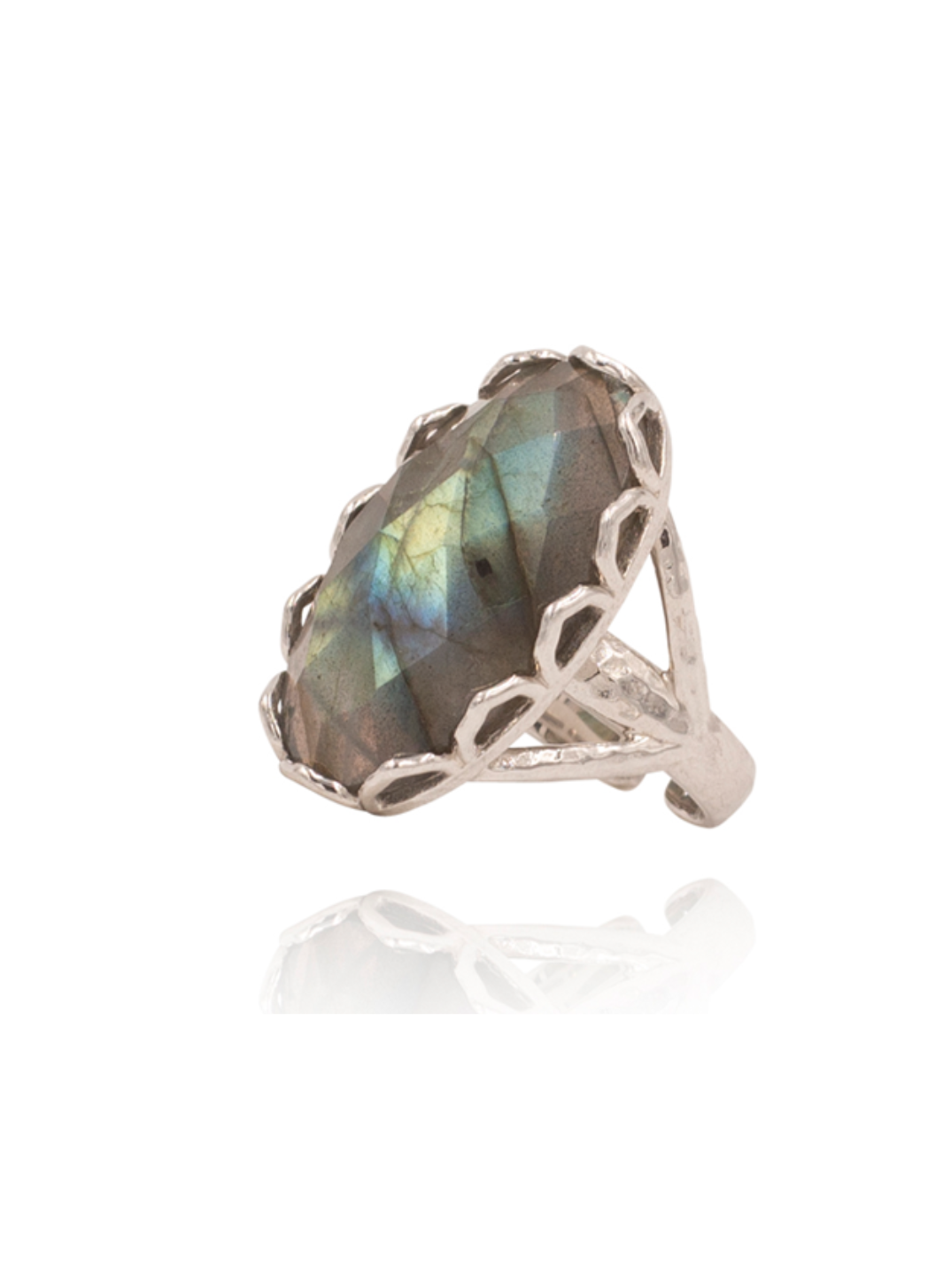 Featuring the extraordinary semi precious stone Labradorite our India Affair cocktail ring is influenced by the designers Indian heritage. Ethical jewelry sustainable fashion brand