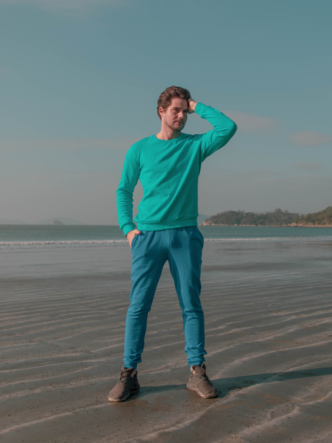 blue sweatshirt that's water-resistant, bacterially-defensive and ecologically-sustainable.