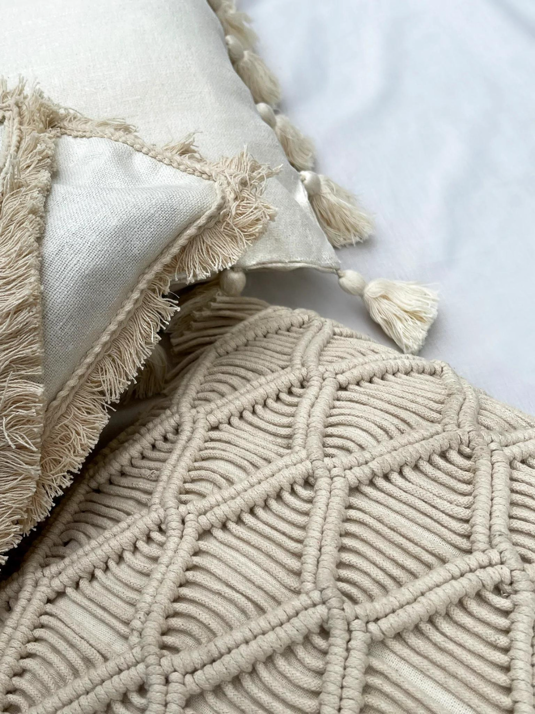 diamond macrame cushion 100% cotton made in India shop women-owned sustainable brands ethical home goods bohemian style