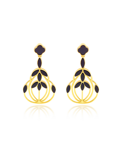 signature floral escape earrings are inlaid with handcut black agate.Inspired by the floral mosacis and palace archways in India you'll fall inlove with this striking black and gold combination handcrafted natural jewelry sustainable brand