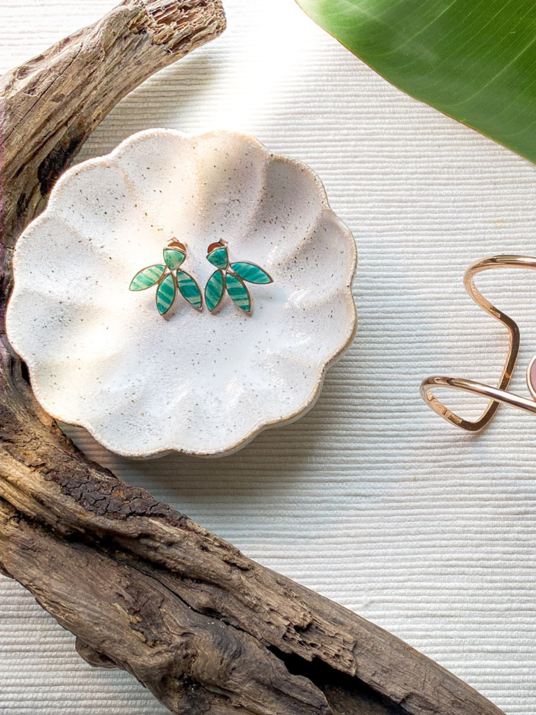 Rose gold vermeil floral escape earrings inlaid with hand cut amazonite. These earrings are exquisitely designed and inspired by nature and the inlaid floral stones found in Indian mosaics. ethical jewelry fashion