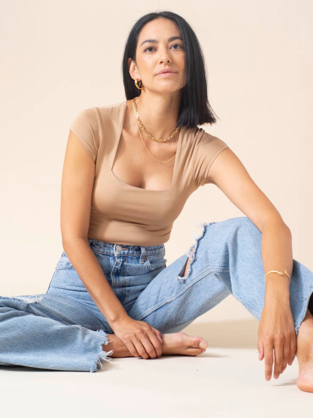 The Kara Bodysuit caramel shop sustainable fashion breathable square neckline