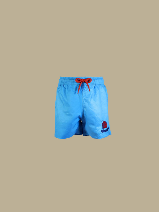 boys swim shorts swim trunks sustainable fashion made from recycled plastic bottles tropical junk boat Hong Kong-inspired