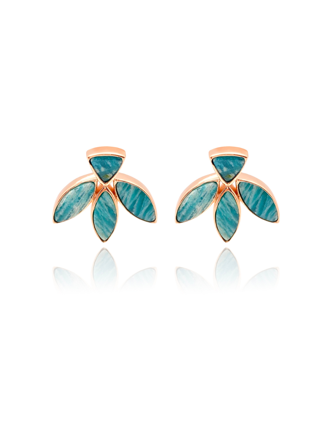 Rose gold vermeil floral escape earrings inlaid with hand cut amazonite. These earrings are exquisitely designed and inspired by nature and the inlaid floral stones found in Indian mosaics. ethical jewelry fashion