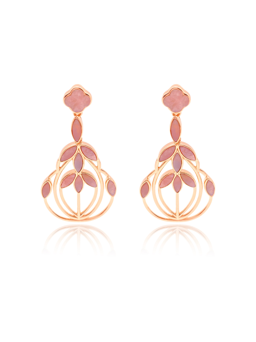 Our teardrop earrings are exceptional made using rose gold vermeil and inlaid with hand cut pink opal. The first design in the floral escape collection it is one of our signature and best selling pieces, versatile to wear from day into night. 