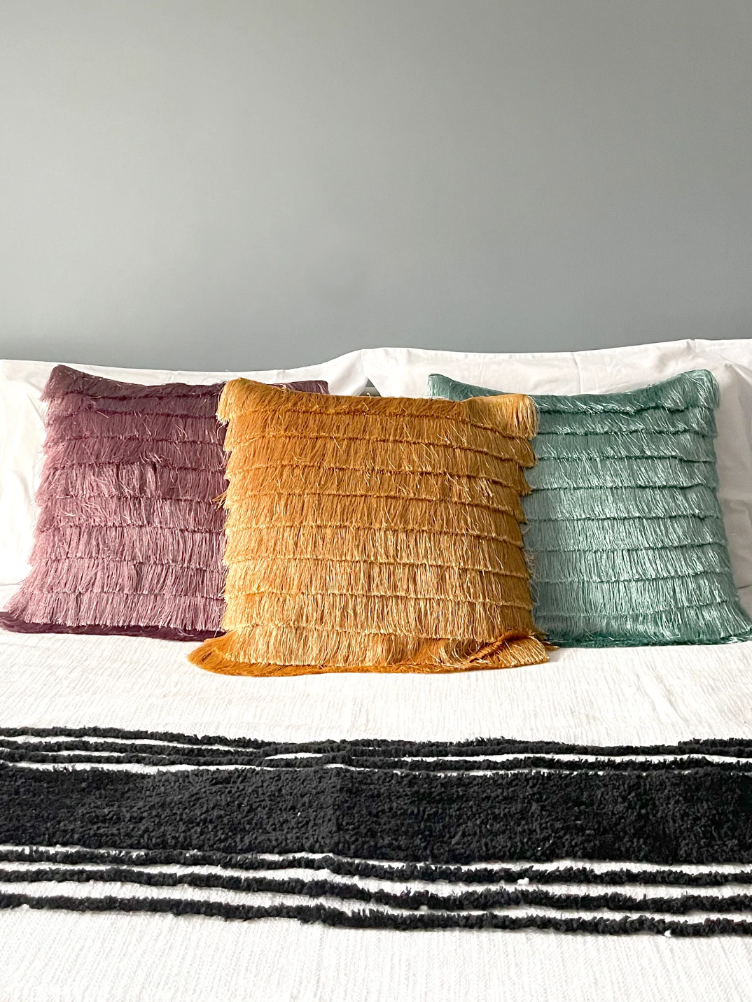 harlow tiered fringe cushion shop eco-friendly sustainable bohemian home goods made in India Casa Luna