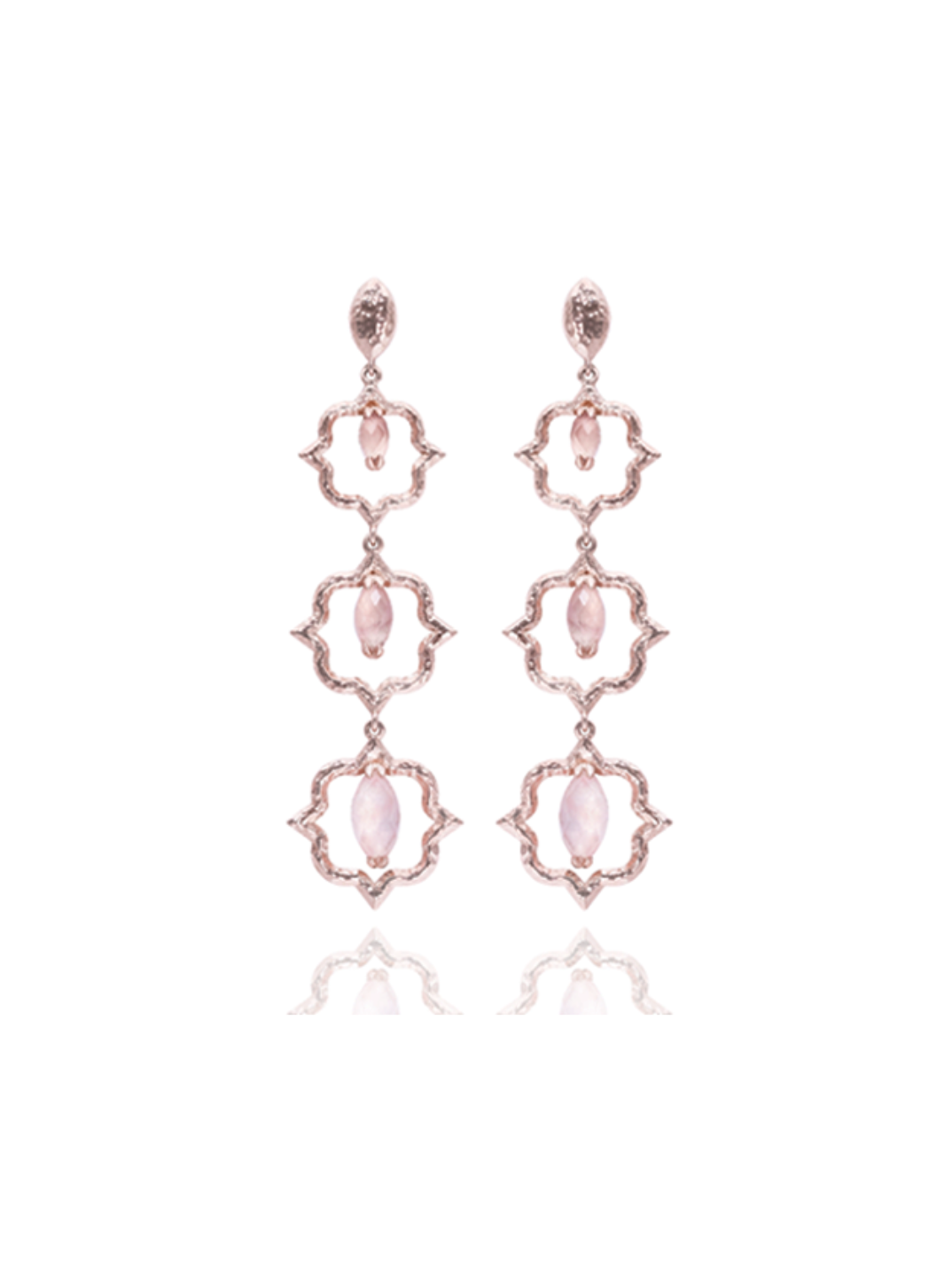 A luxurious pair of earrings showcasing the stunning semi precious stone Rose Quartz. A delicate pink that pairs so well with Rose Gold these earrings will leave you feeling brilliant from the inside out.