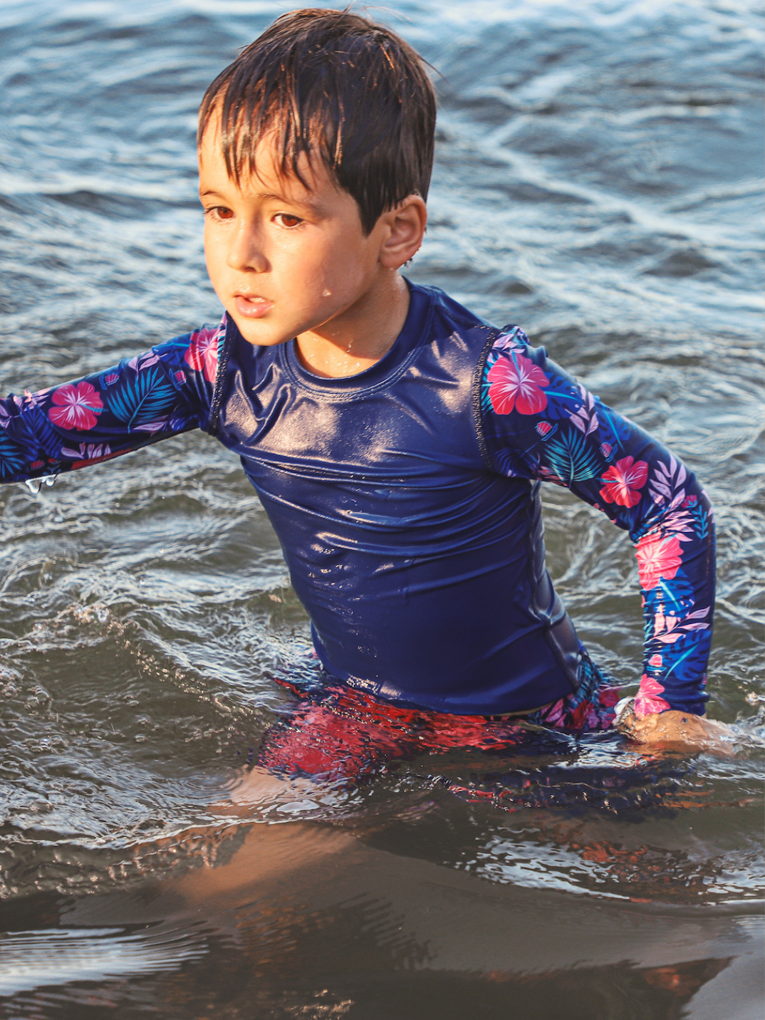 boys sustainable swimwear surfing rash guard tropical print made from recycled swimwear ethical men's and boys fashion shop eco-friendly clothing