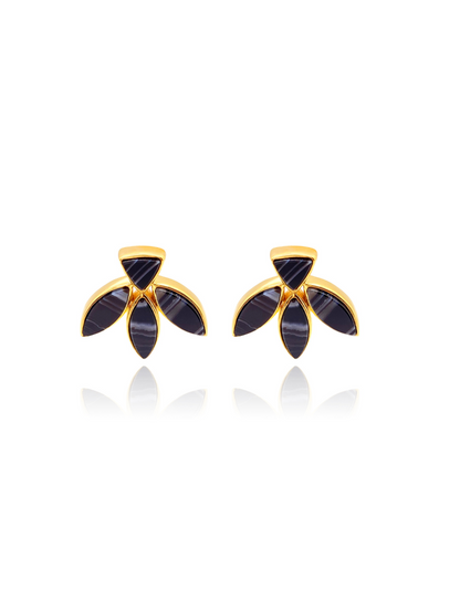 You will fall in love with this unique Agate semi precious stone. Each Black Banded Agate earring is one of kind and made using 18K Gold vermeil.  black agate gold plated earrings ethical sustainable fashion