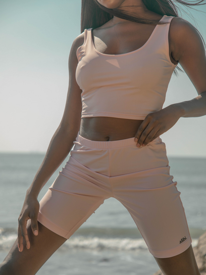 dusty pink biker shorts comfortable durable biologically-defensive sustainable loungewear eco-friendly comfy shorts