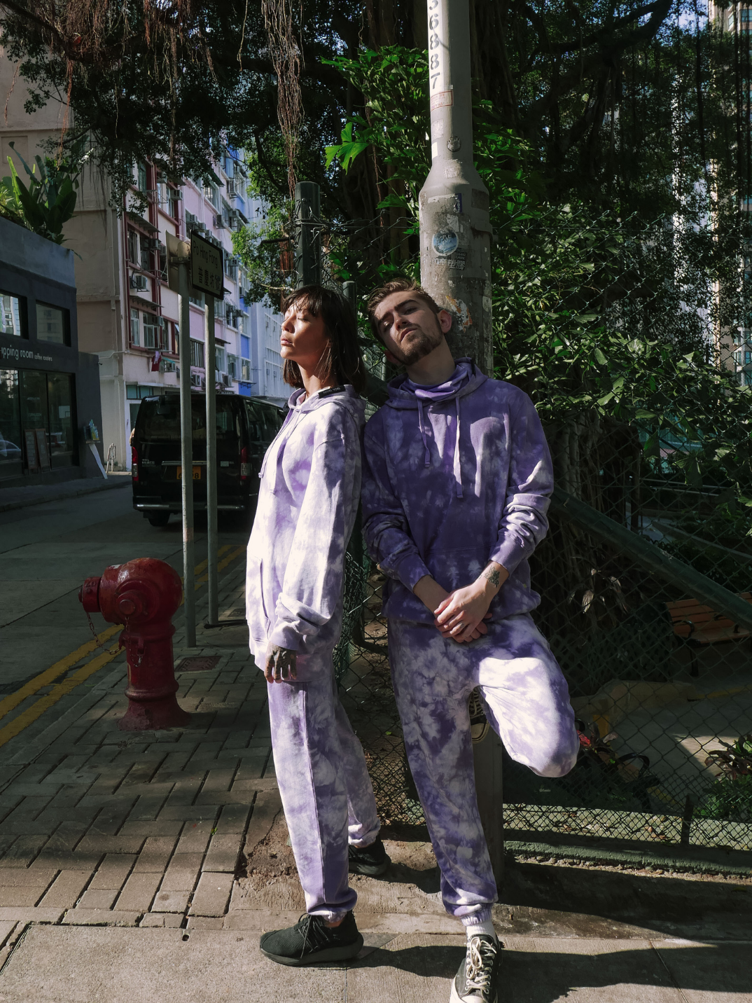 purple lilac tie-dye loungewear trousers 100% organic cotton Maha Yogi ethical brand