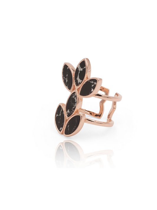 Rose Gold plated over sterling silver our floral escape ring is inlaid with hand cut black marble ceramic. Inspired by nature and floral mosaics. timeless handcrafted jewelry ethically made