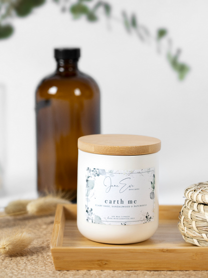 Our unique Earth Me candle is a lovely grounding fragrance of Clary Sage, Sandalwood and Patchouli handpoured soy wax candle made in Hong Kong