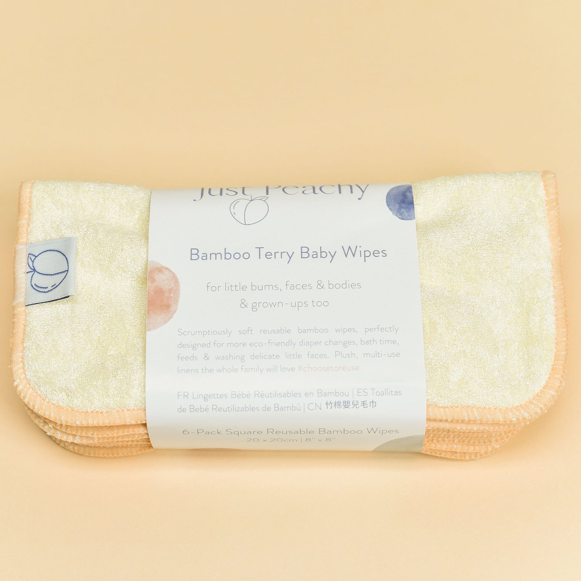 The softest, silkiest cloth wipes your precious little baby has ever used! These are the perfect multi-functional bamboo wipes for delicate little bums, faces and bodies, and great for grown-ups too! Just Peachy bamboo terry wipes are soft and silky smooth, but designed to be practical too - the uses are endless! 