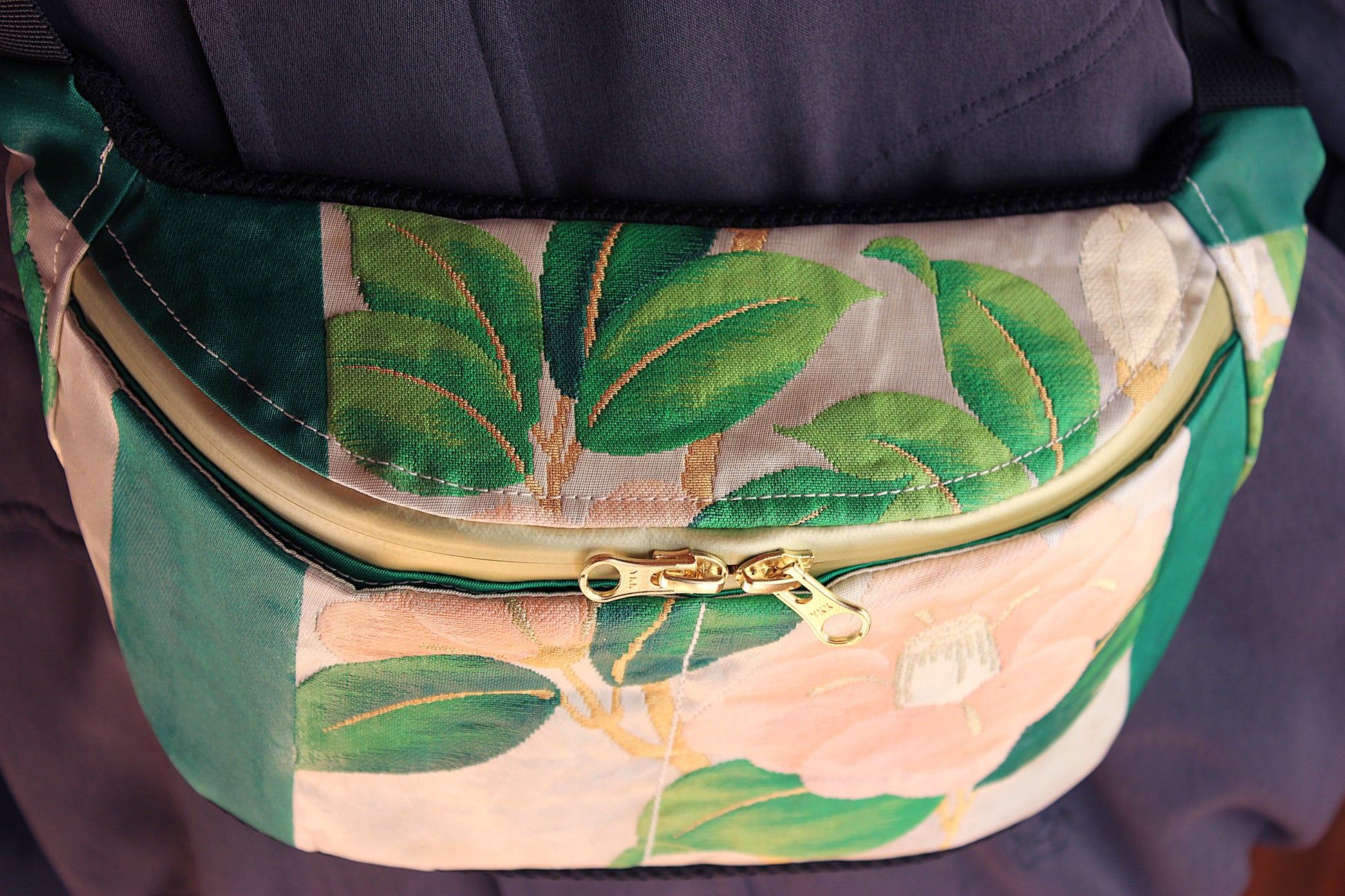 Camellia bum bag handcrafted in Japan from antique silk kimonos