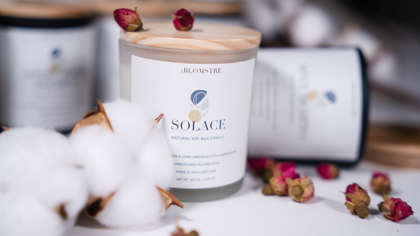 100% natural soy wax candle scented with essential oils handpoured in small batches solace