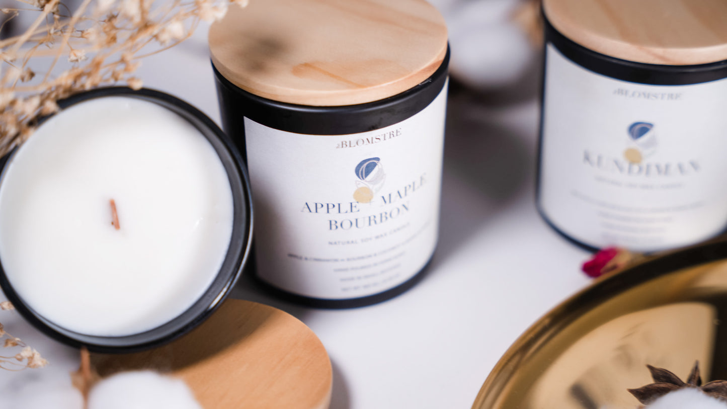 apple + maple bourbon 100% soy wax candle sustainable eco-friendly home fragrance