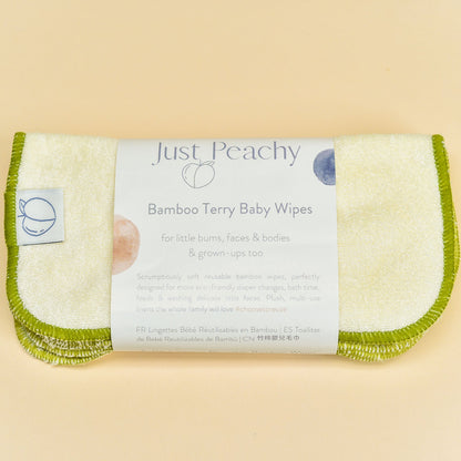 The softest, silkiest cloth wipes your precious little baby has ever used! These are the perfect multi-functional bamboo wipes for delicate little bums, faces and bodies, and great for grown-ups too! Just Peachy bamboo terry wipes are soft and silky smooth, but designed to be practical too - the uses are endless! 