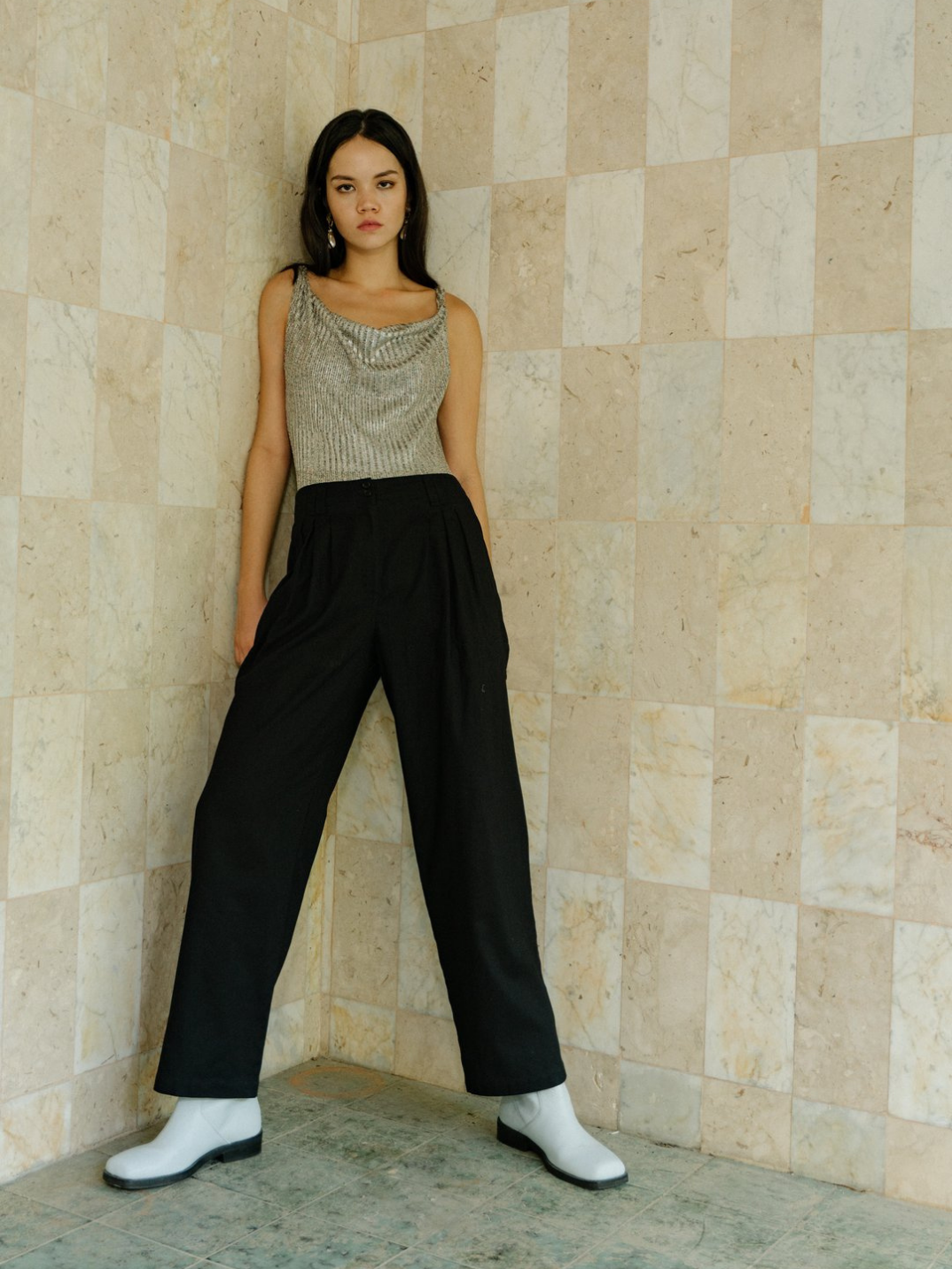 Cecilia cowl neck bodysuit in metallic silver ROU So ethical fashion brand in Hong Kong
