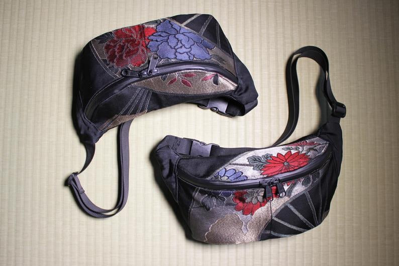 Japanese Kimono Bum Bag / Paper Fan & Peonies